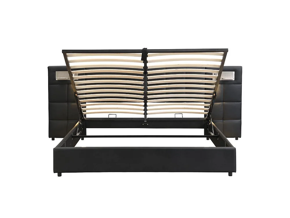 Lit double 180x200 cm, coffre hydraulique, tête rembourrée, USB, charge sans fil, lampe intégrée, rangement pratique, noir PU