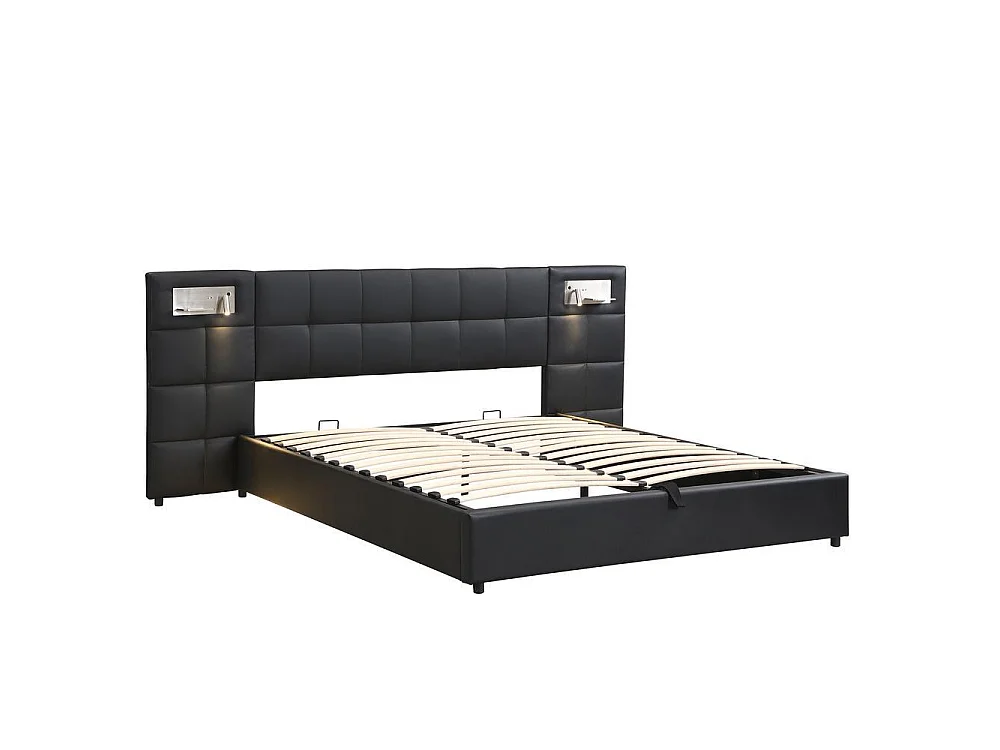 Lit double 180x200 cm, coffre hydraulique, tête rembourrée, USB, charge sans fil, lampe intégrée, rangement pratique, noir PU