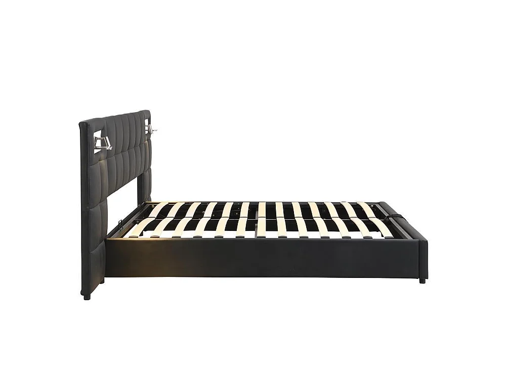 Lit double 180x200 cm, coffre hydraulique, tête rembourrée, USB, charge sans fil, lampe intégrée, rangement pratique, noir PU