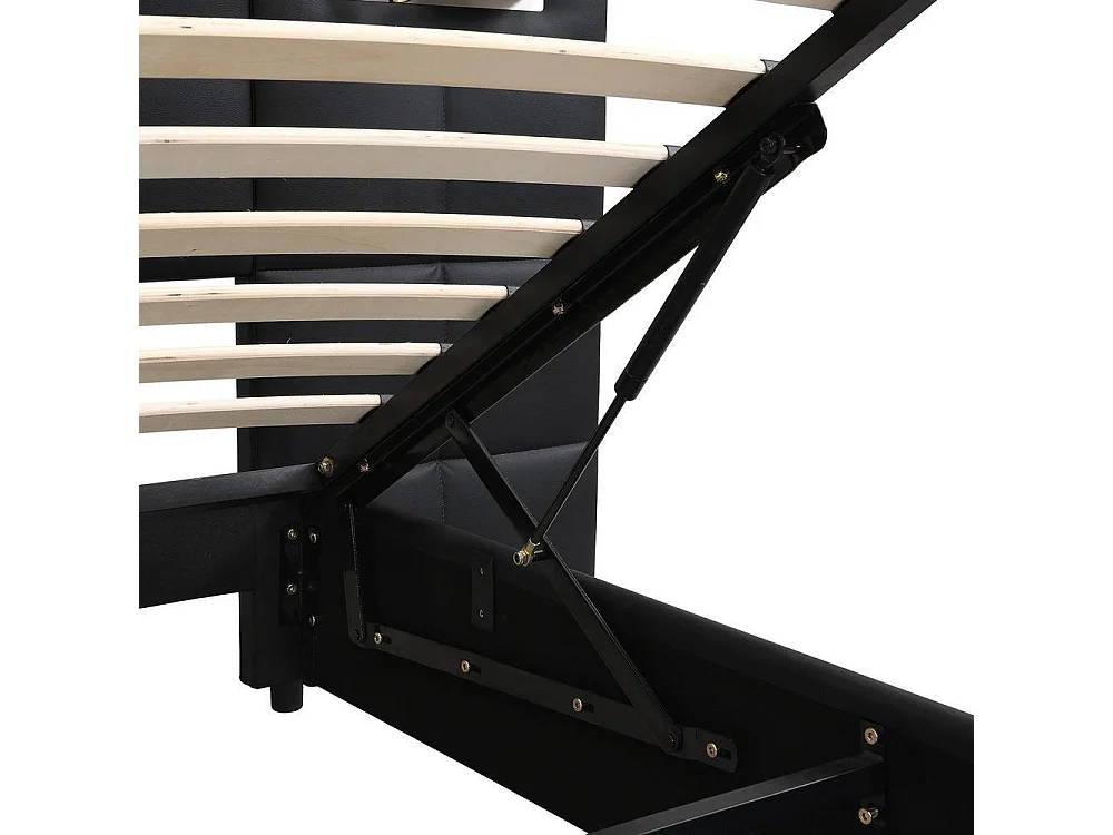 Lit double 180x200 cm, coffre hydraulique, tête rembourrée, USB, charge sans fil, lampe intégrée, rangement pratique, noir PU