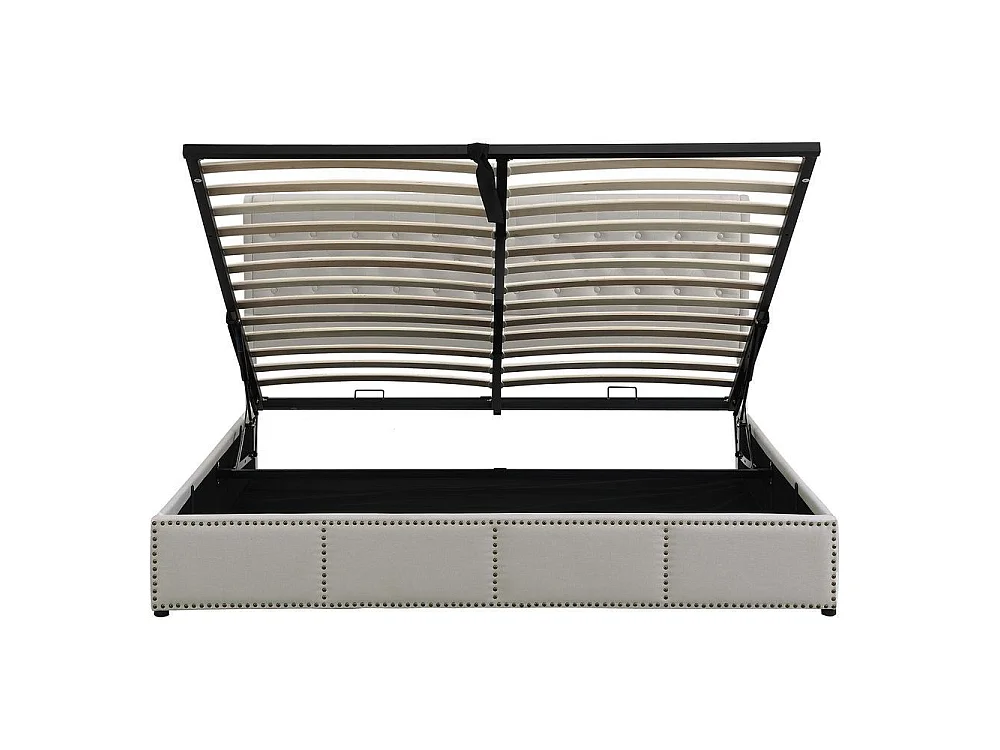 Lit double 140x190 cm en coton et lin avec rangement hydraulique, coffre sous-lit, têtière cloutée, élégant et moderne, gris