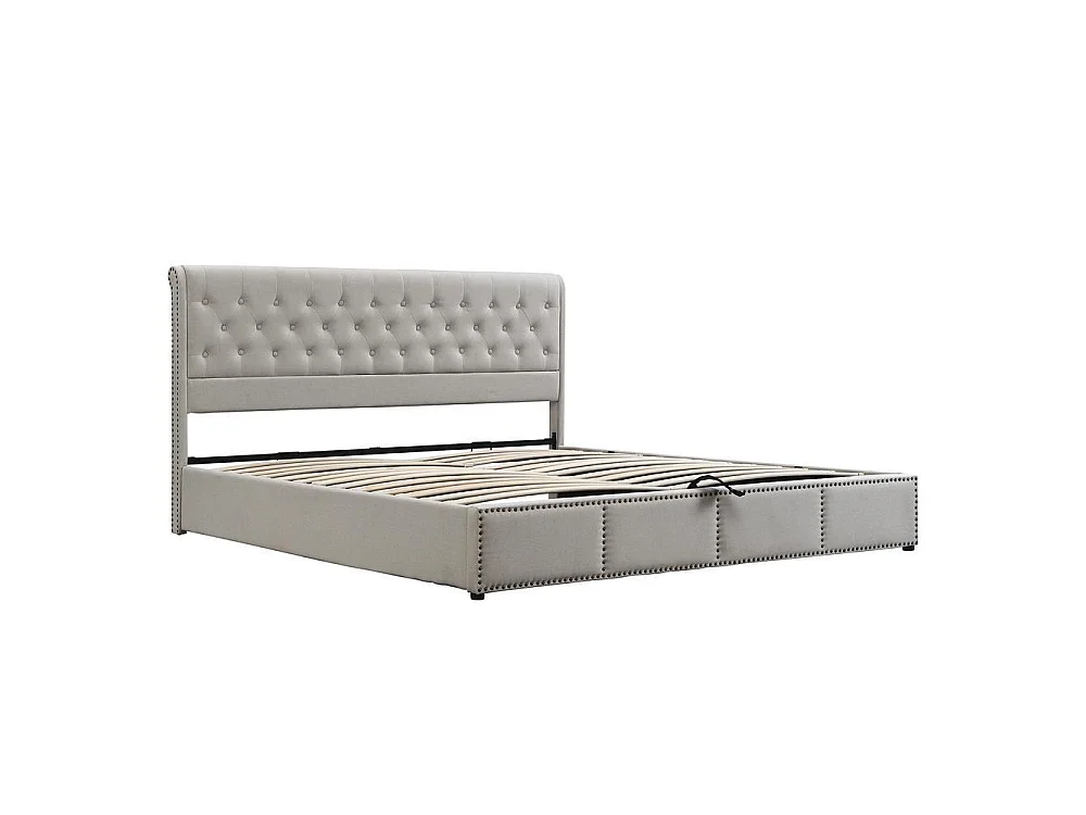 Lit double 140x190 cm en coton et lin avec rangement hydraulique, coffre sous-lit, têtière cloutée, élégant et moderne, gris