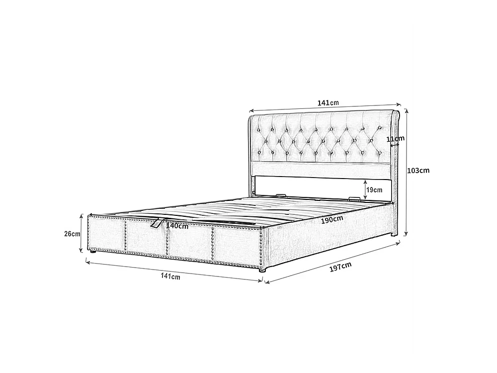 Lit double 140x190 cm en coton et lin avec rangement hydraulique, coffre sous-lit, têtière cloutée, élégant et moderne, gris