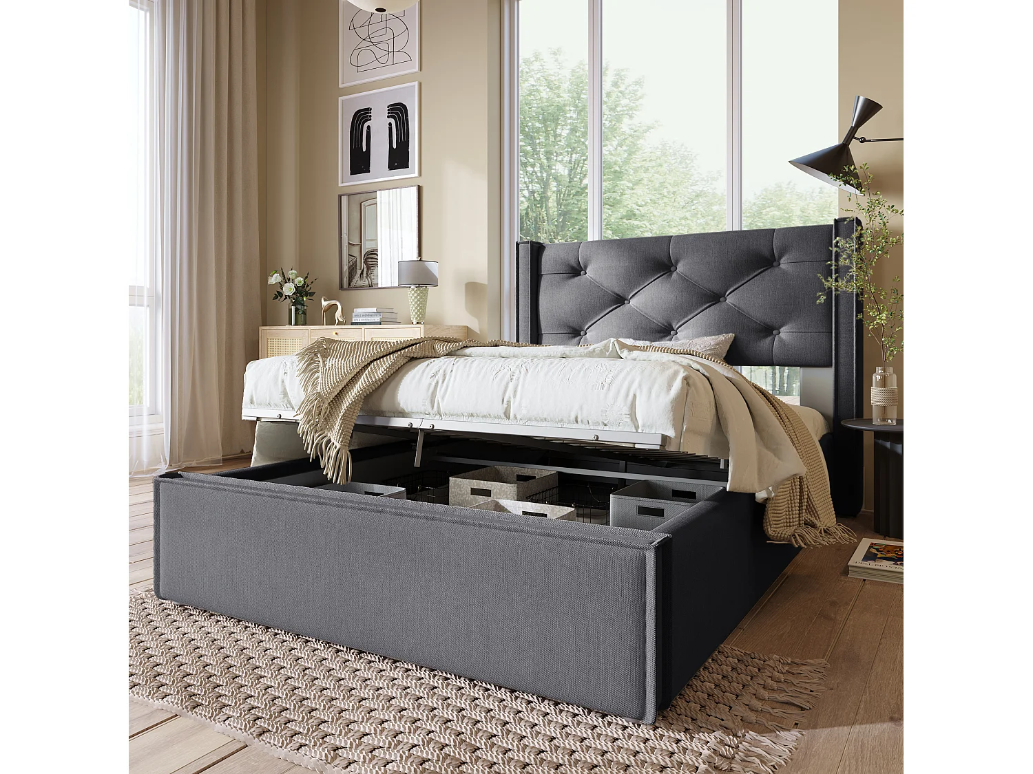 Lit coffre simple 90x200 cm en coton, lit rembourré avec rangement hydraulique et sommier à lattes en métal, gris