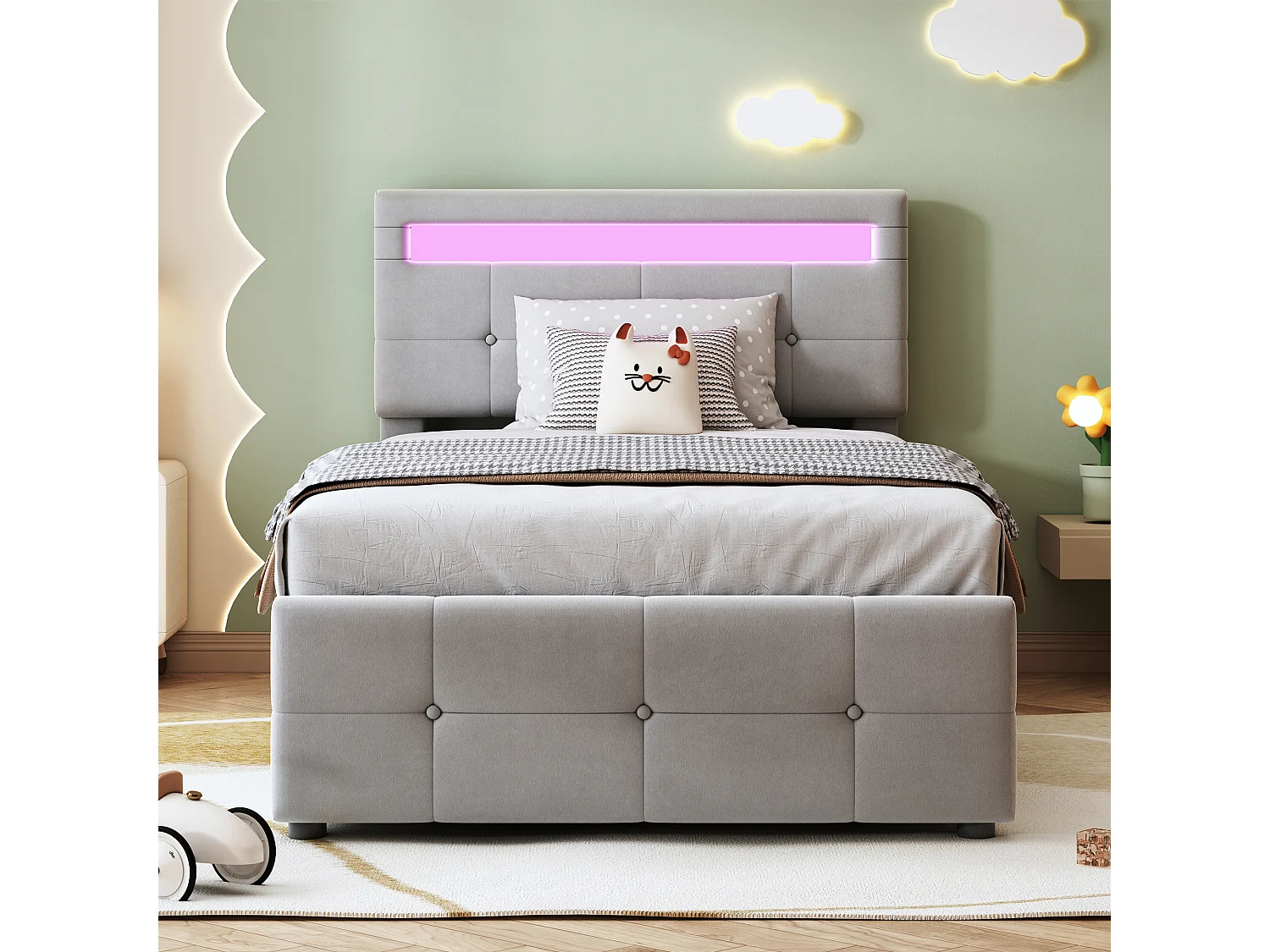 Lit Enfants 90x200cm Velours, LED RGB App+Remote, Rangement Hydraulique, Cadre Bois-Metal 200kg, Montage Facile, Gris
