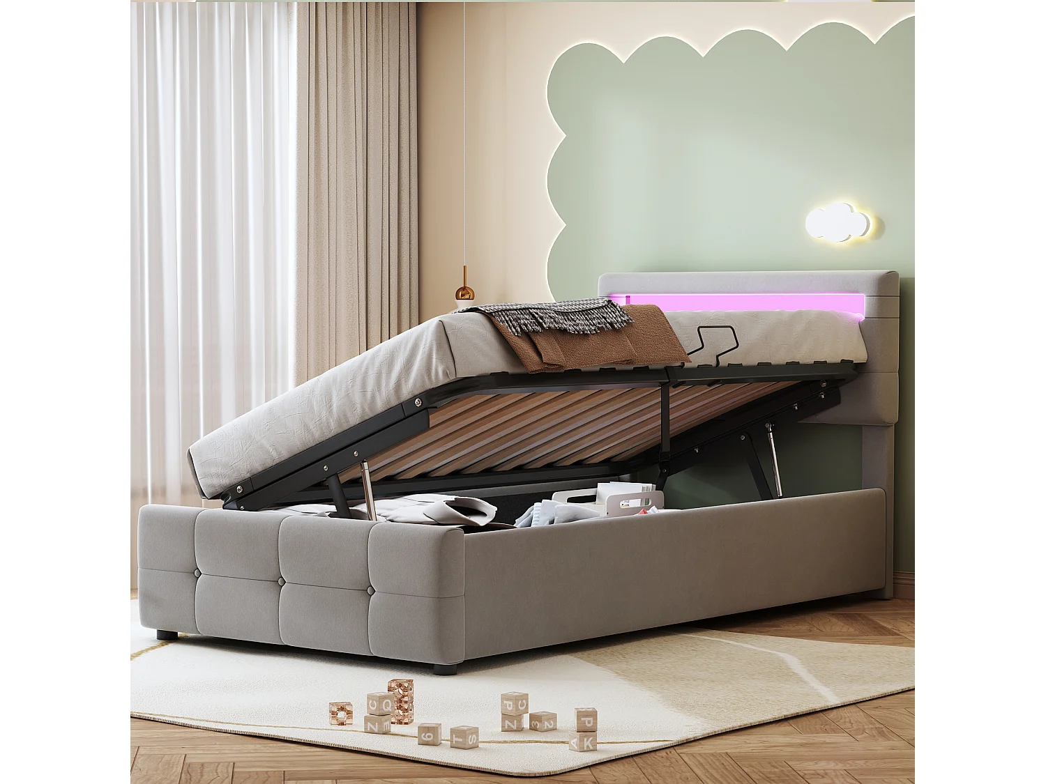 Lit Enfants 90x200cm Velours, LED RGB App+Remote, Rangement Hydraulique, Cadre Bois-Metal 200kg, Montage Facile, Gris