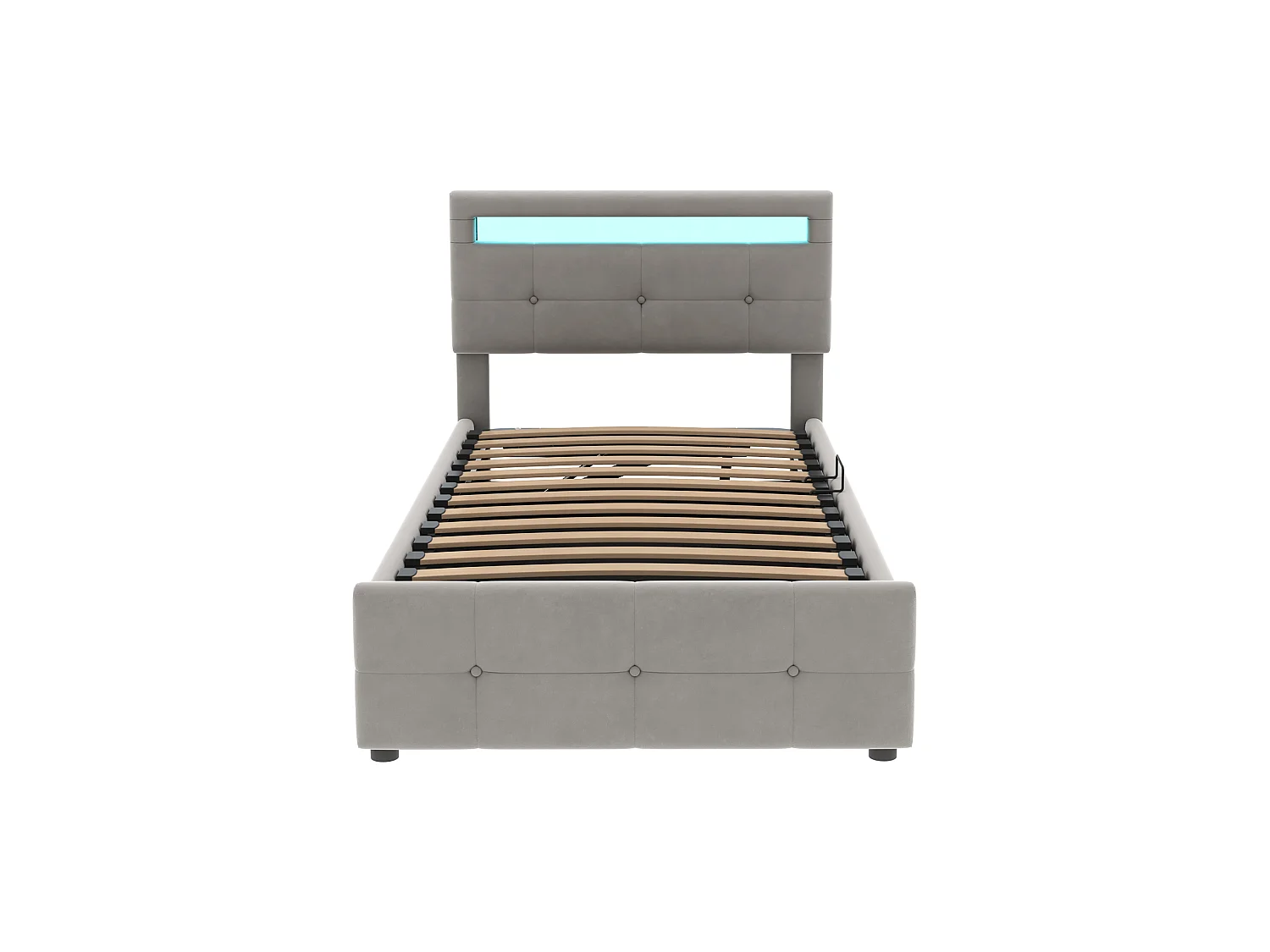 Lit Enfants 90x200cm Velours, LED RGB App+Remote, Rangement Hydraulique, Cadre Bois-Metal 200kg, Montage Facile, Gris