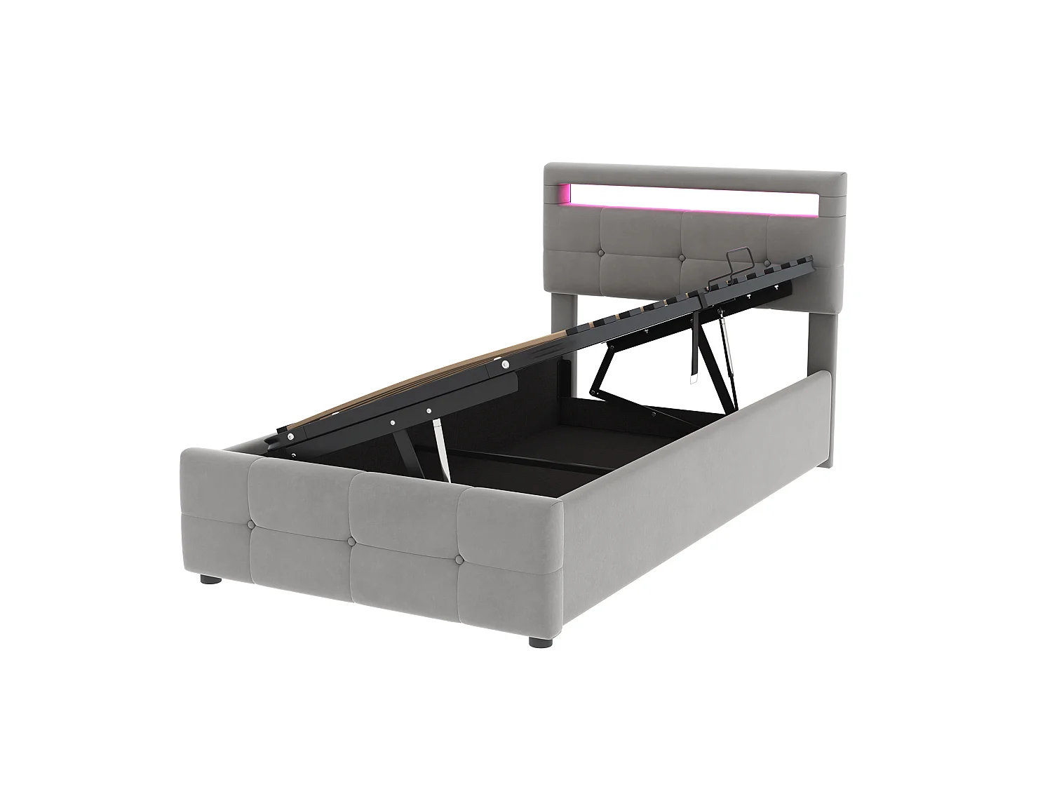 Lit Enfants 90x200cm Velours, LED RGB App+Remote, Rangement Hydraulique, Cadre Bois-Metal 200kg, Montage Facile, Gris