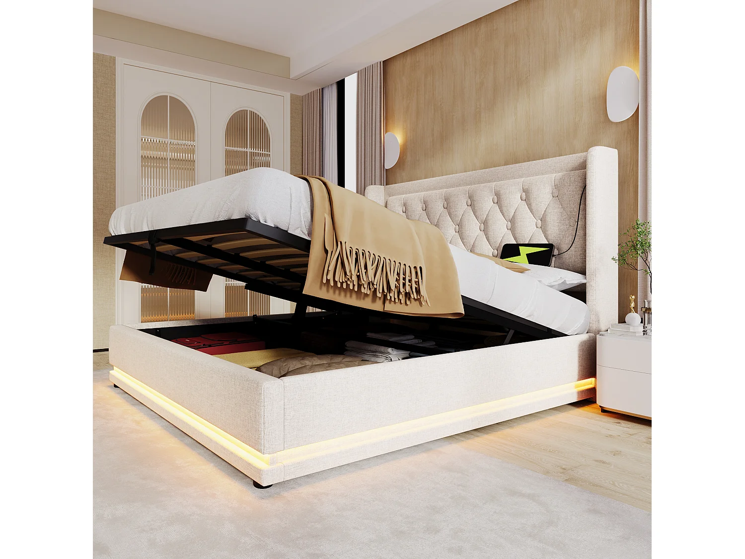 Lit double 180x200 cm beige en coton avec rangement hydraulique, USB C et LED 3 côtés, tête de lit rembourrée