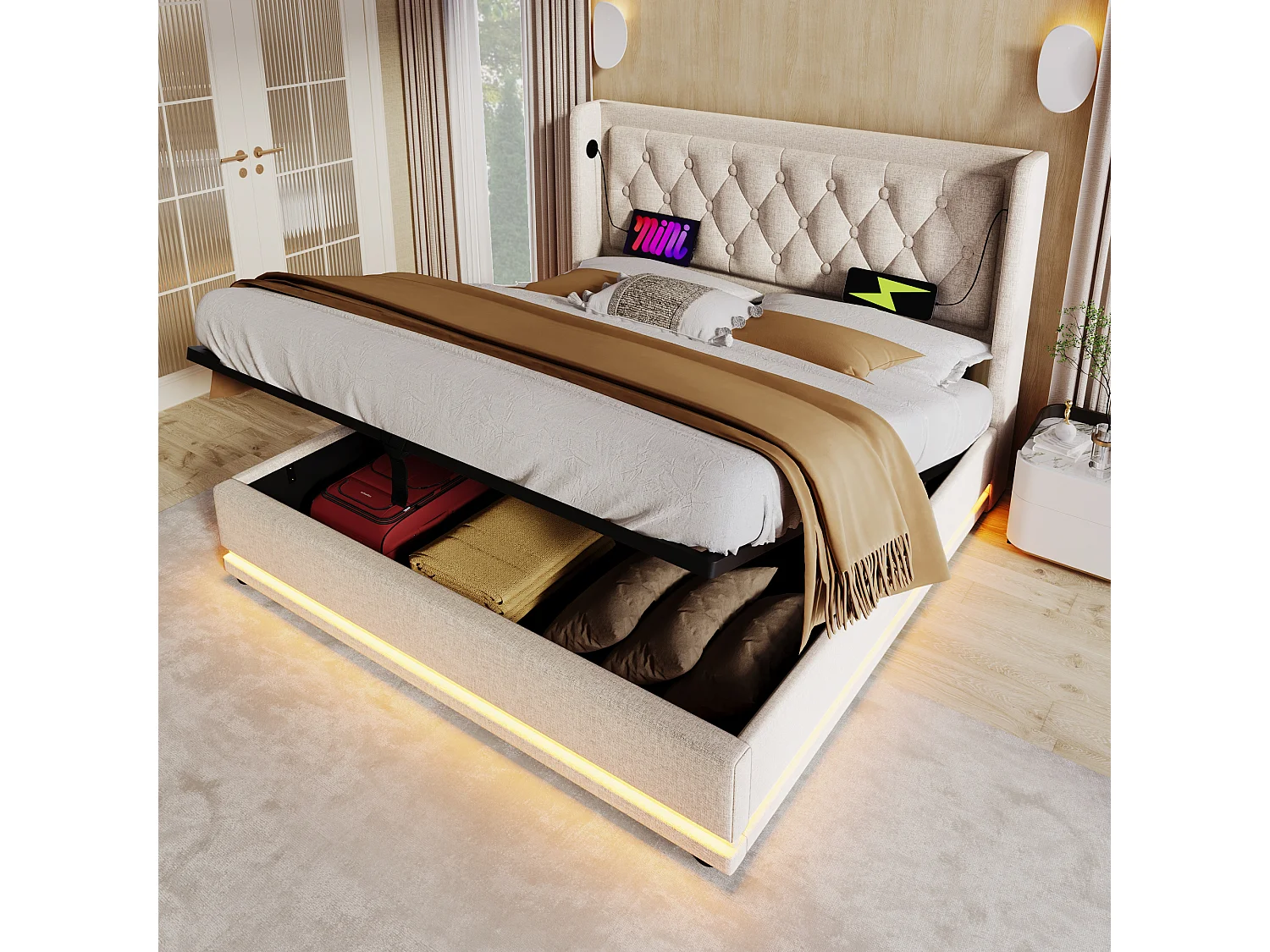 Lit double 180x200 cm beige en coton avec rangement hydraulique, USB C et LED 3 côtés, tête de lit rembourrée