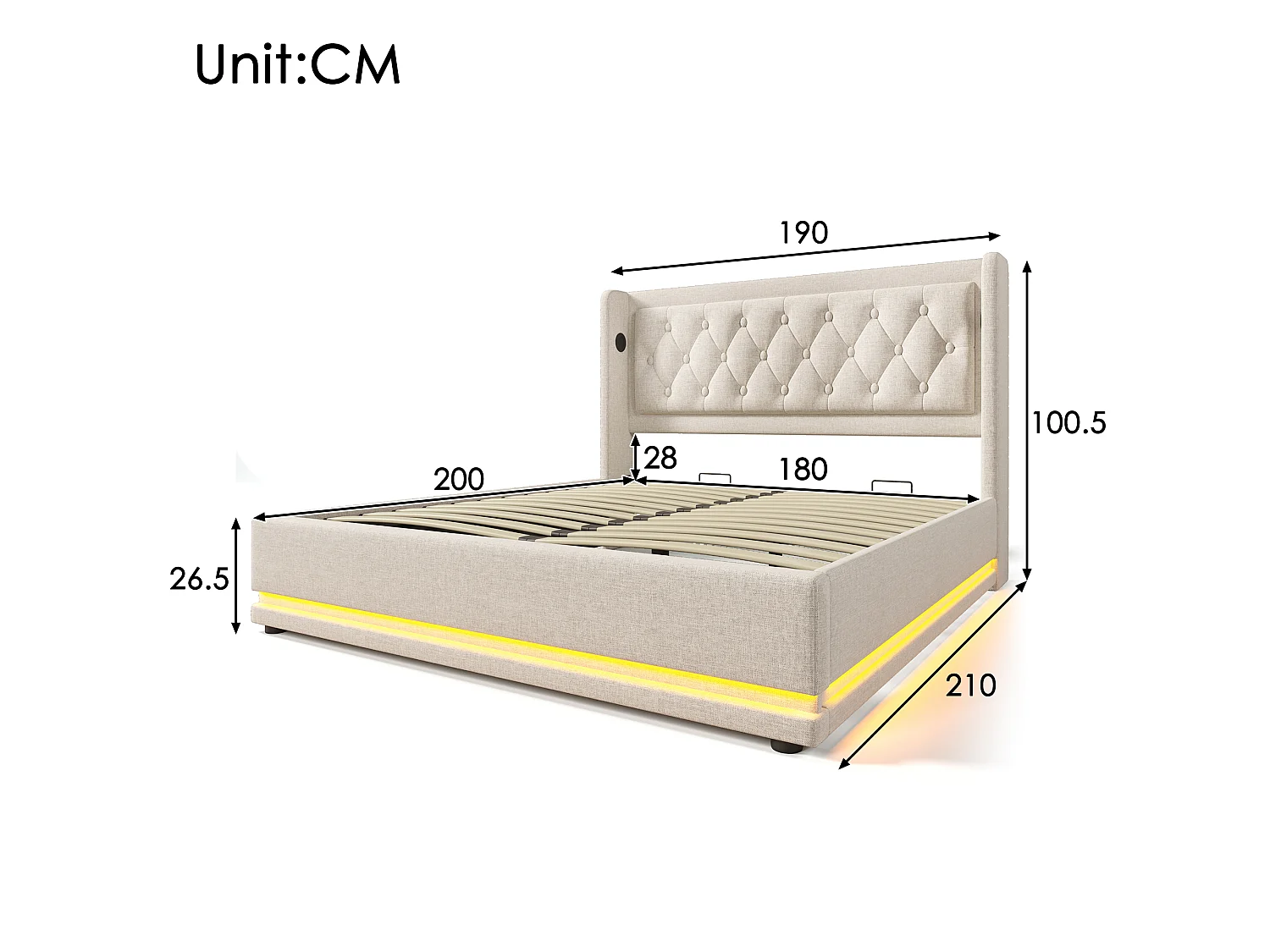 Lit double 180x200 cm beige en coton avec rangement hydraulique, USB C et LED 3 côtés, tête de lit rembourrée