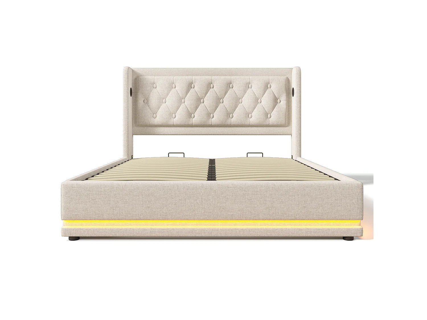 Lit double 180x200 cm beige en coton avec rangement hydraulique, USB C et LED 3 côtés, tête de lit rembourrée