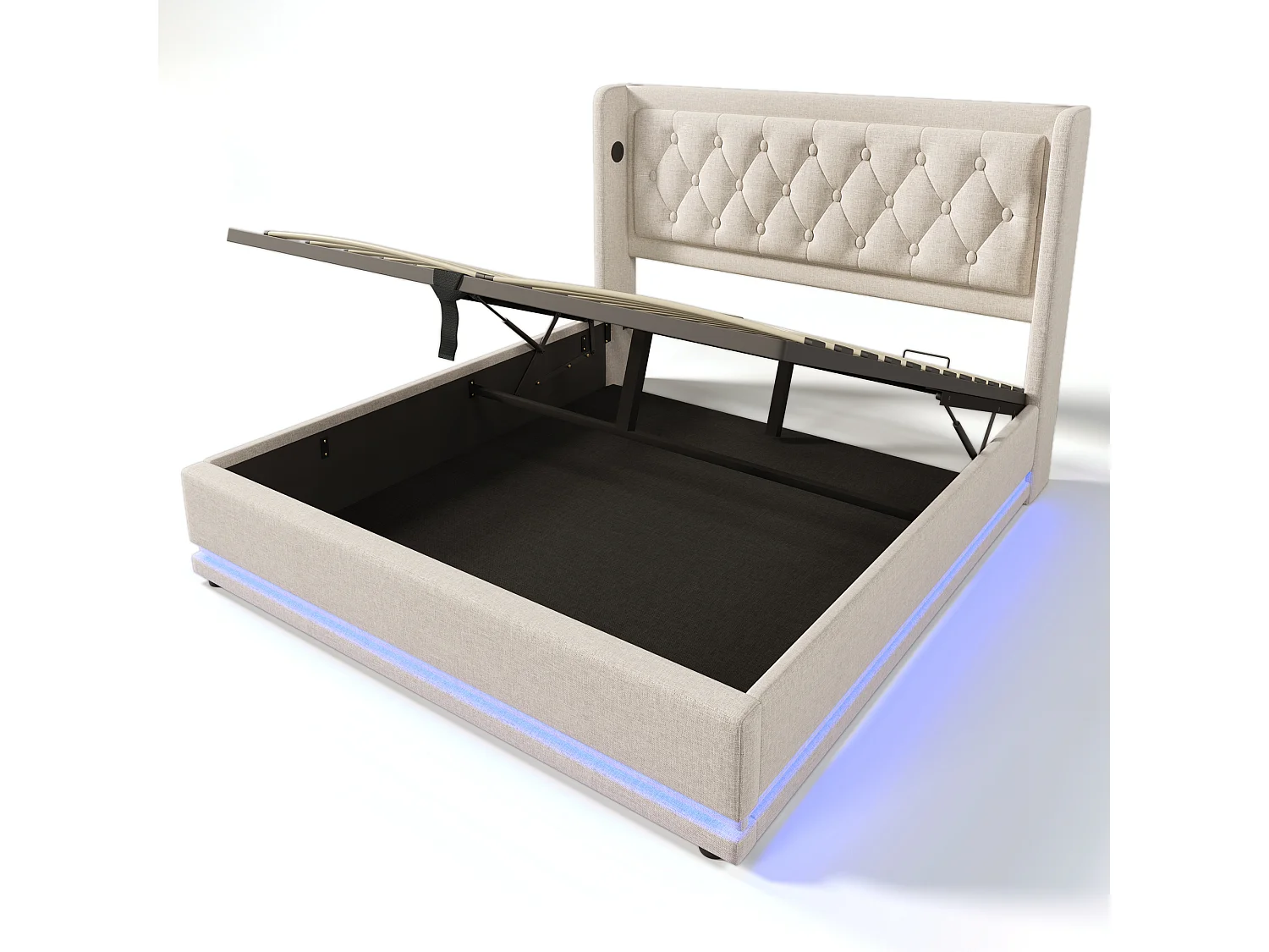 Lit double 180x200 cm beige en coton avec rangement hydraulique, USB C et LED 3 côtés, tête de lit rembourrée