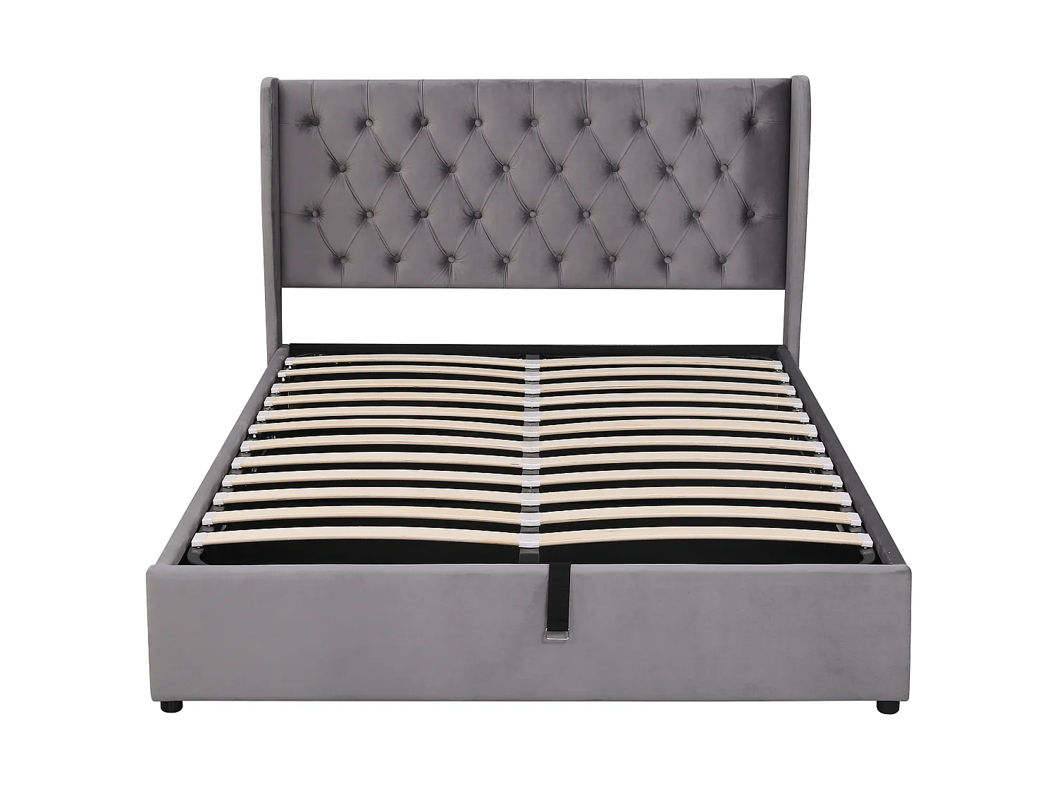 Lit Double 140x190cm Gris, Oreillettes, Hydraulique, Grand Rangement, Velours, Sans Matraz