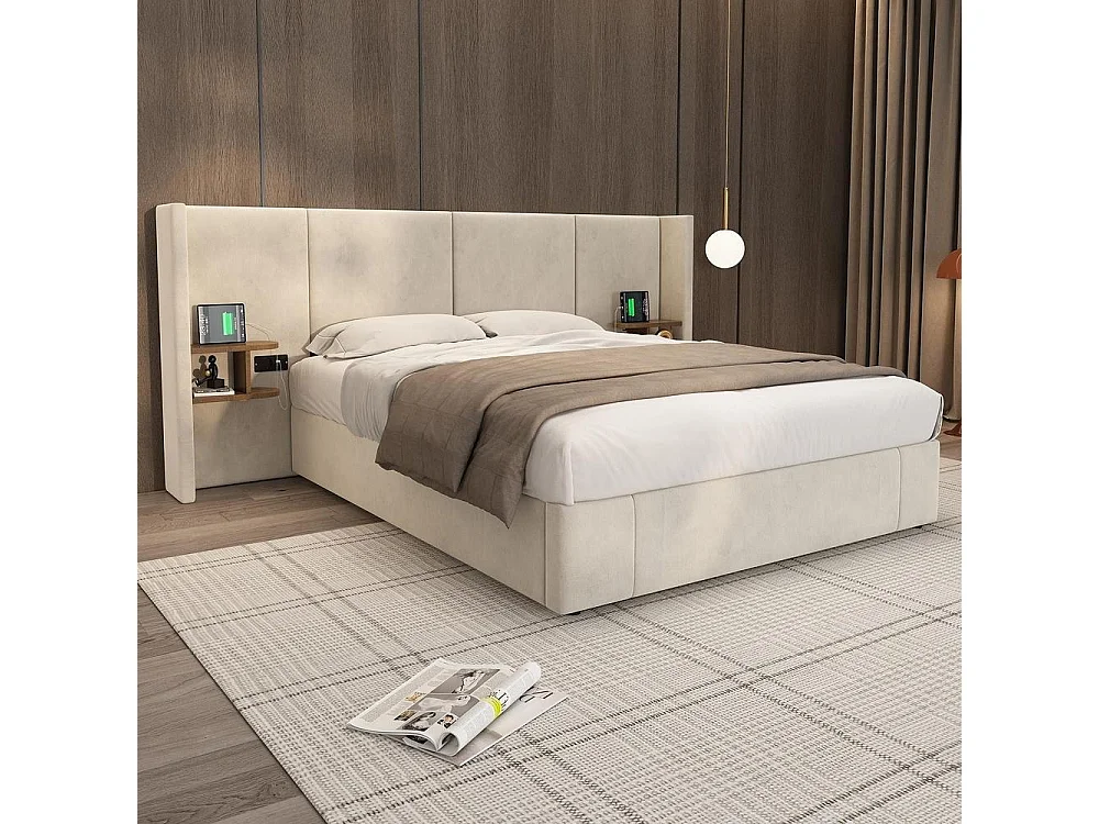 Lit tapissé 160x200 cm, hydraulique, USB et prise, 2 tables de chevet, sommier lattes bois, velours, beige