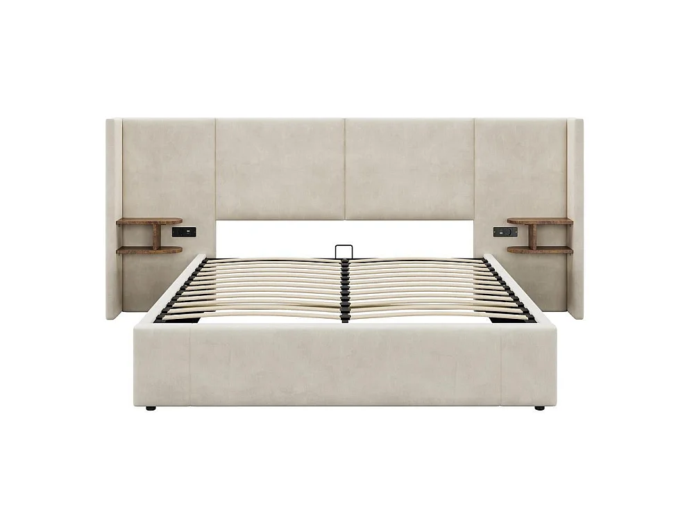 Lit tapissé 160x200 cm, hydraulique, USB et prise, 2 tables de chevet, sommier lattes bois, velours, beige