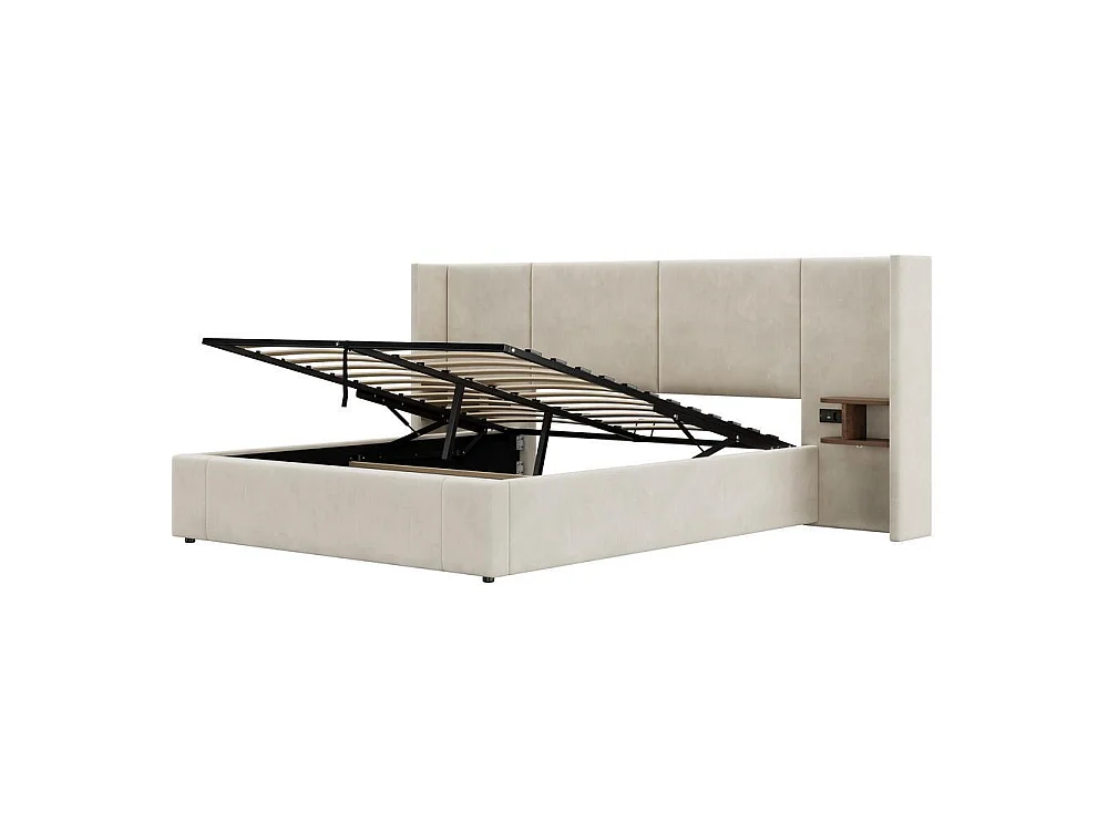 Lit tapissé 160x200 cm, hydraulique, USB et prise, 2 tables de chevet, sommier lattes bois, velours, beige