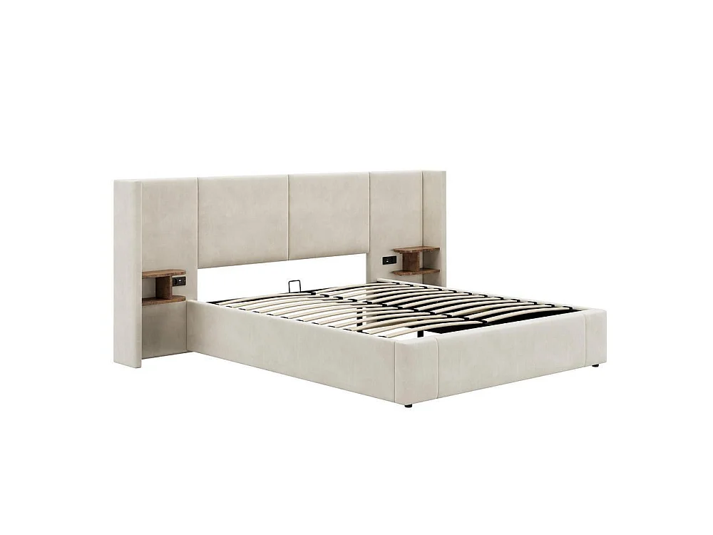 Lit tapissé 160x200 cm, hydraulique, USB et prise, 2 tables de chevet, sommier lattes bois, velours, beige