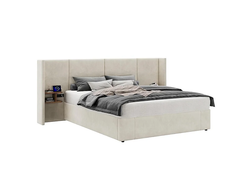 Lit tapissé 160x200 cm, hydraulique, USB et prise, 2 tables de chevet, sommier lattes bois, velours, beige
