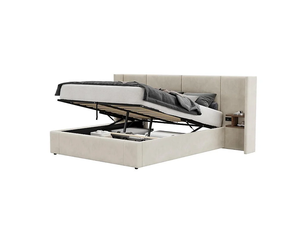 Lit tapissé 160x200 cm, hydraulique, USB et prise, 2 tables de chevet, sommier lattes bois, velours, beige