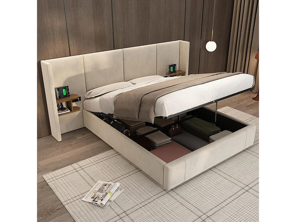 Lit tapissé 160x200 cm, hydraulique, USB et prise, 2 tables de chevet, sommier lattes bois, velours, beige