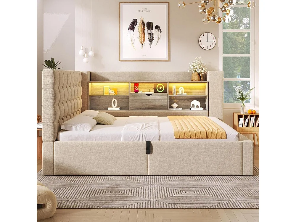 Lit 140x190 cm avec LED, chargeurs USB A+C, rangement hydraulique, tête L réversible, sommier à lattes, lin beige