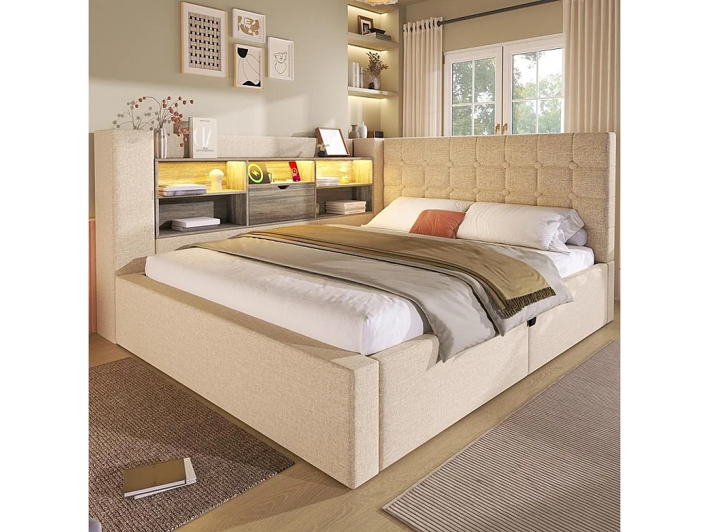 Lit 140x190 cm avec LED, chargeurs USB A+C, rangement hydraulique, tête L réversible, sommier à lattes, lin beige