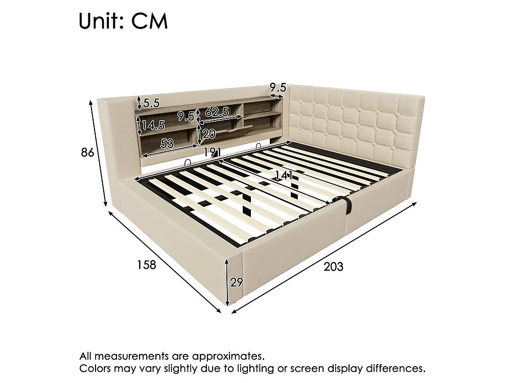Lit 140x190 cm avec LED, chargeurs USB A+C, rangement hydraulique, tête L réversible, sommier à lattes, lin beige