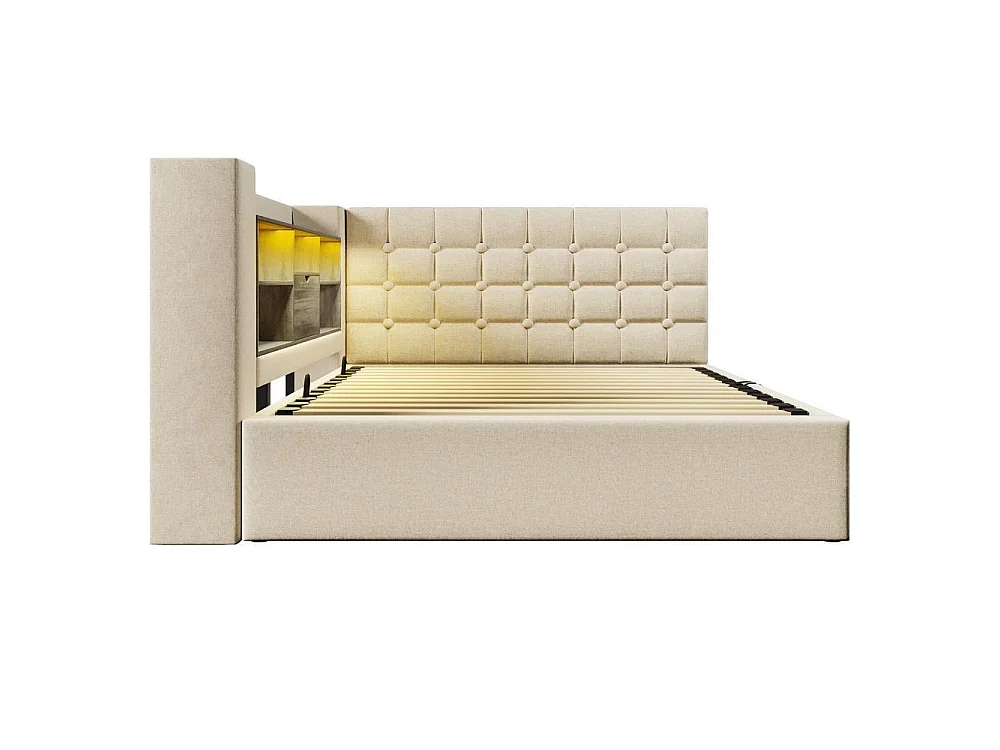 Lit 140x190 cm avec LED, chargeurs USB A+C, rangement hydraulique, tête L réversible, sommier à lattes, lin beige