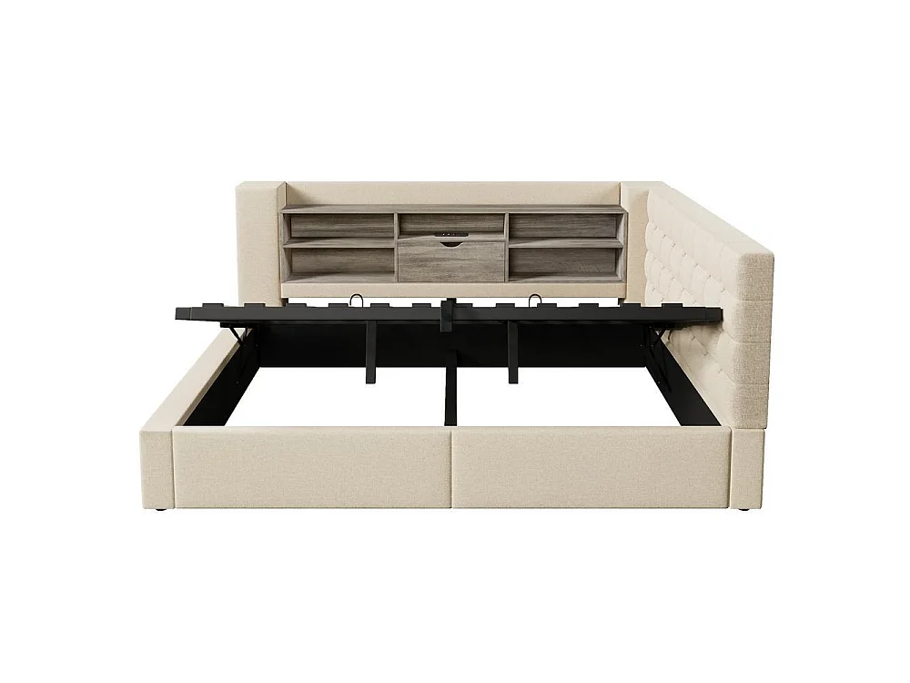 Lit 140x190 cm avec LED, chargeurs USB A+C, rangement hydraulique, tête L réversible, sommier à lattes, lin beige