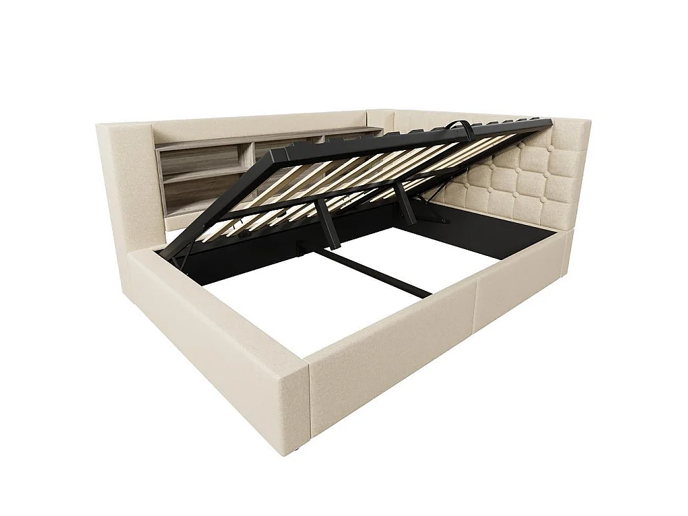 Lit 140x190 cm avec LED, chargeurs USB A+C, rangement hydraulique, tête L réversible, sommier à lattes, lin beige