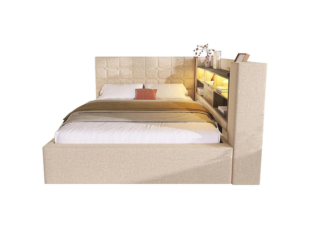 Lit 140x190 cm avec LED, chargeurs USB A+C, rangement hydraulique, tête L réversible, sommier à lattes, lin beige
