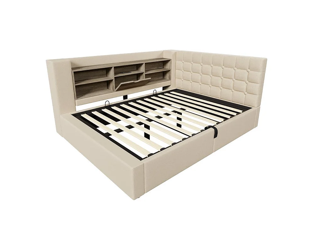 Lit 140x190 cm avec LED, chargeurs USB A+C, rangement hydraulique, tête L réversible, sommier à lattes, lin beige