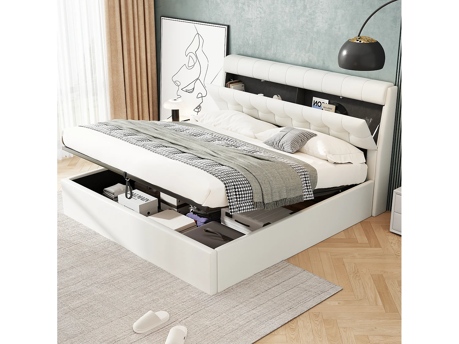 Lit Rembourré 160x200 cm avec Rangement Hydraulique,Tête de Lit et Coffre de Lit avec Espace de Rangement Caché,Design Moderne,Blanc