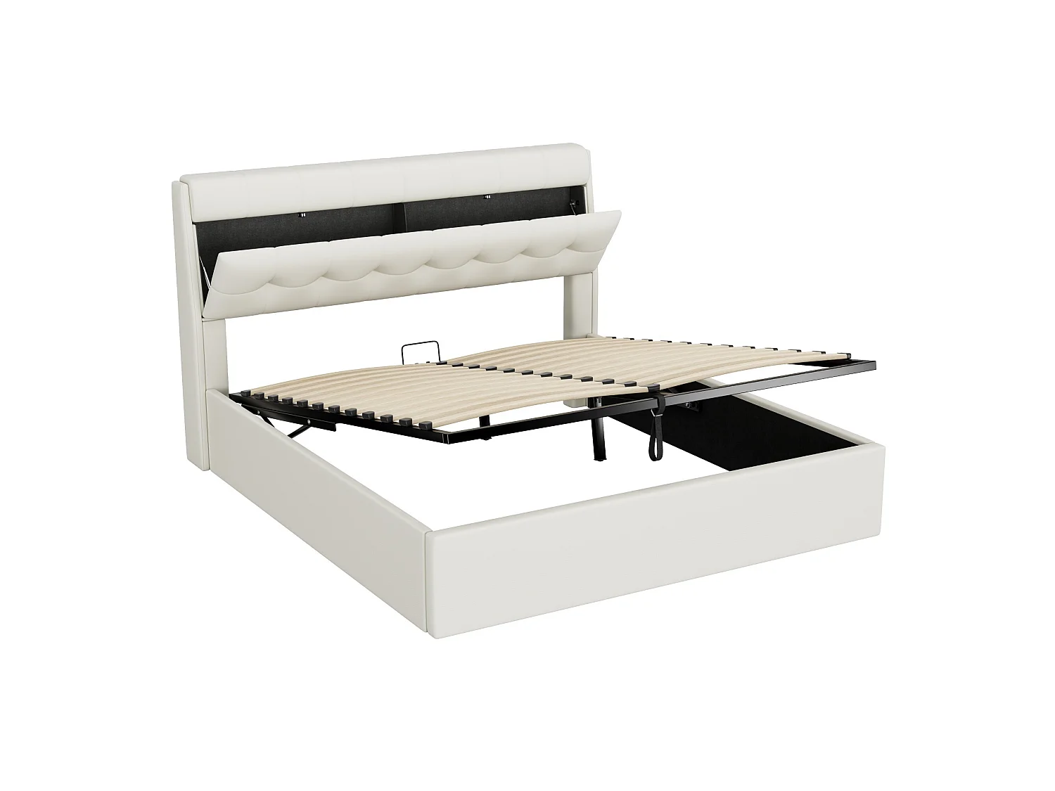 Lit Rembourré 160x200 cm avec Rangement Hydraulique,Tête de Lit et Coffre de Lit avec Espace de Rangement Caché,Design Moderne,Blanc