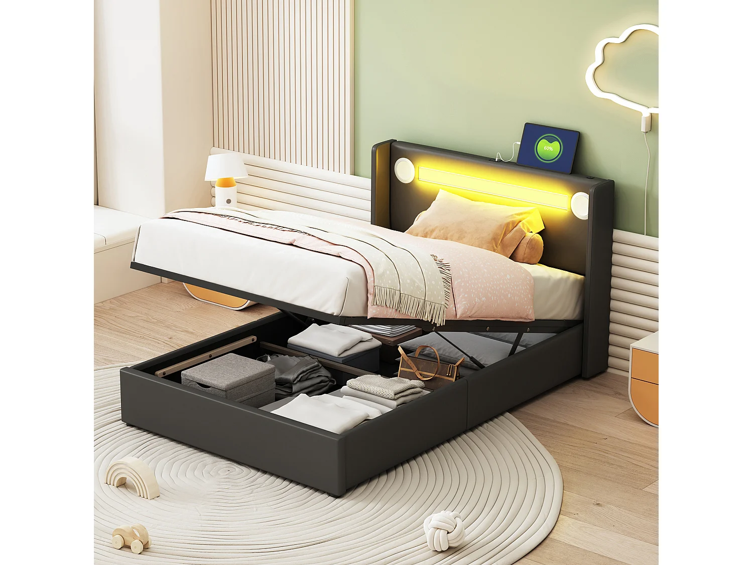 Lit Rembourré Enfant 90x200 cm avec LED Bluetooth USB, Cadre PU Cuir Rangement Hydraulique, Sommier à Lattes Bois, Noir