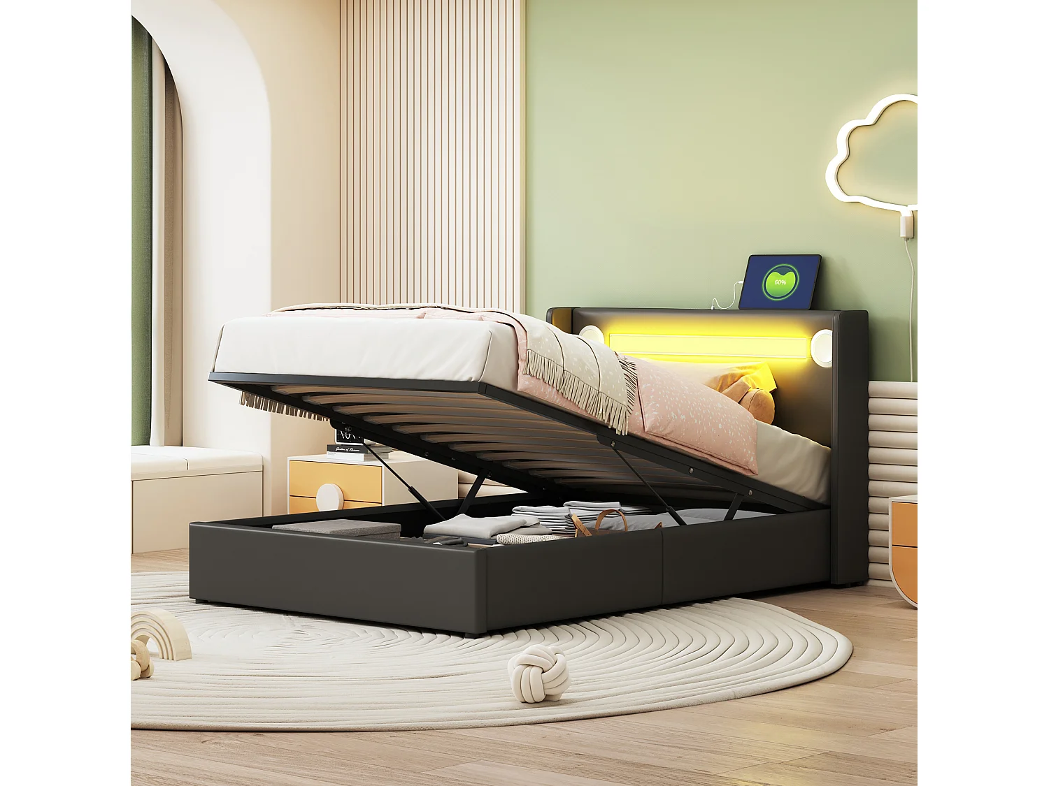 Lit Rembourré Enfant 90x200 cm avec LED Bluetooth USB, Cadre PU Cuir Rangement Hydraulique, Sommier à Lattes Bois, Noir