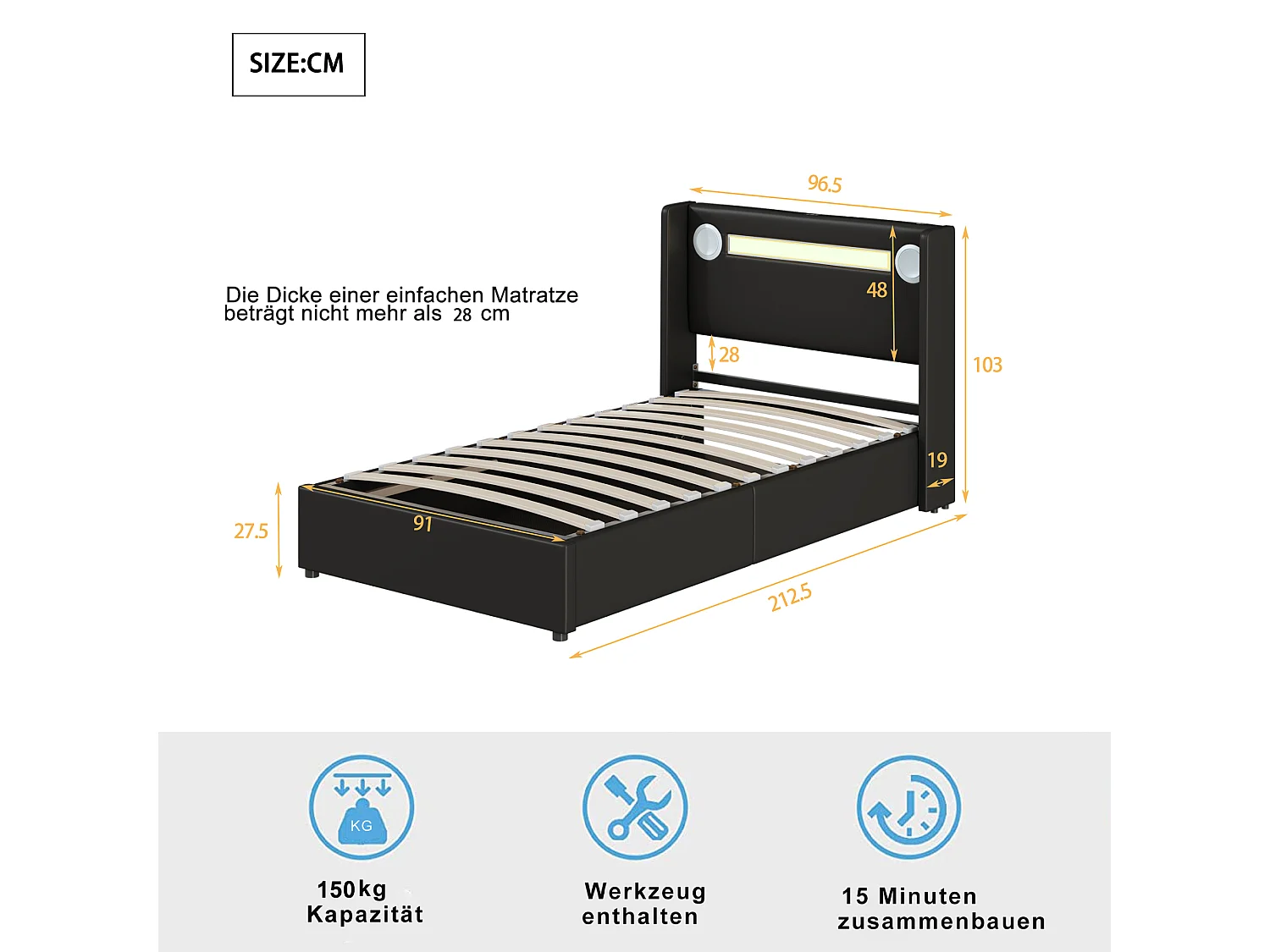 Lit Rembourré Enfant 90x200 cm avec LED Bluetooth USB, Cadre PU Cuir Rangement Hydraulique, Sommier à Lattes Bois, Noir