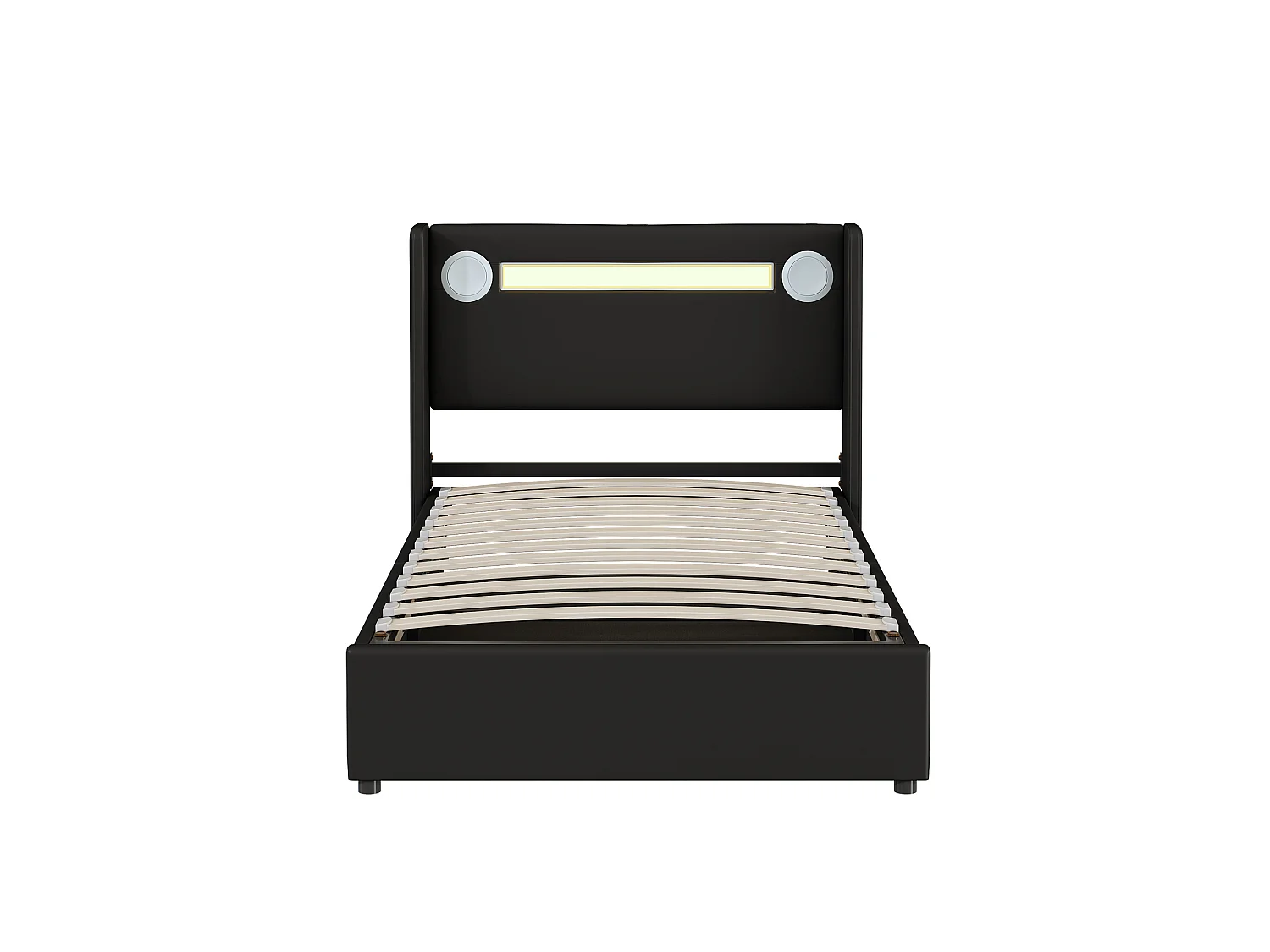 Lit Rembourré Enfant 90x200 cm avec LED Bluetooth USB, Cadre PU Cuir Rangement Hydraulique, Sommier à Lattes Bois, Noir