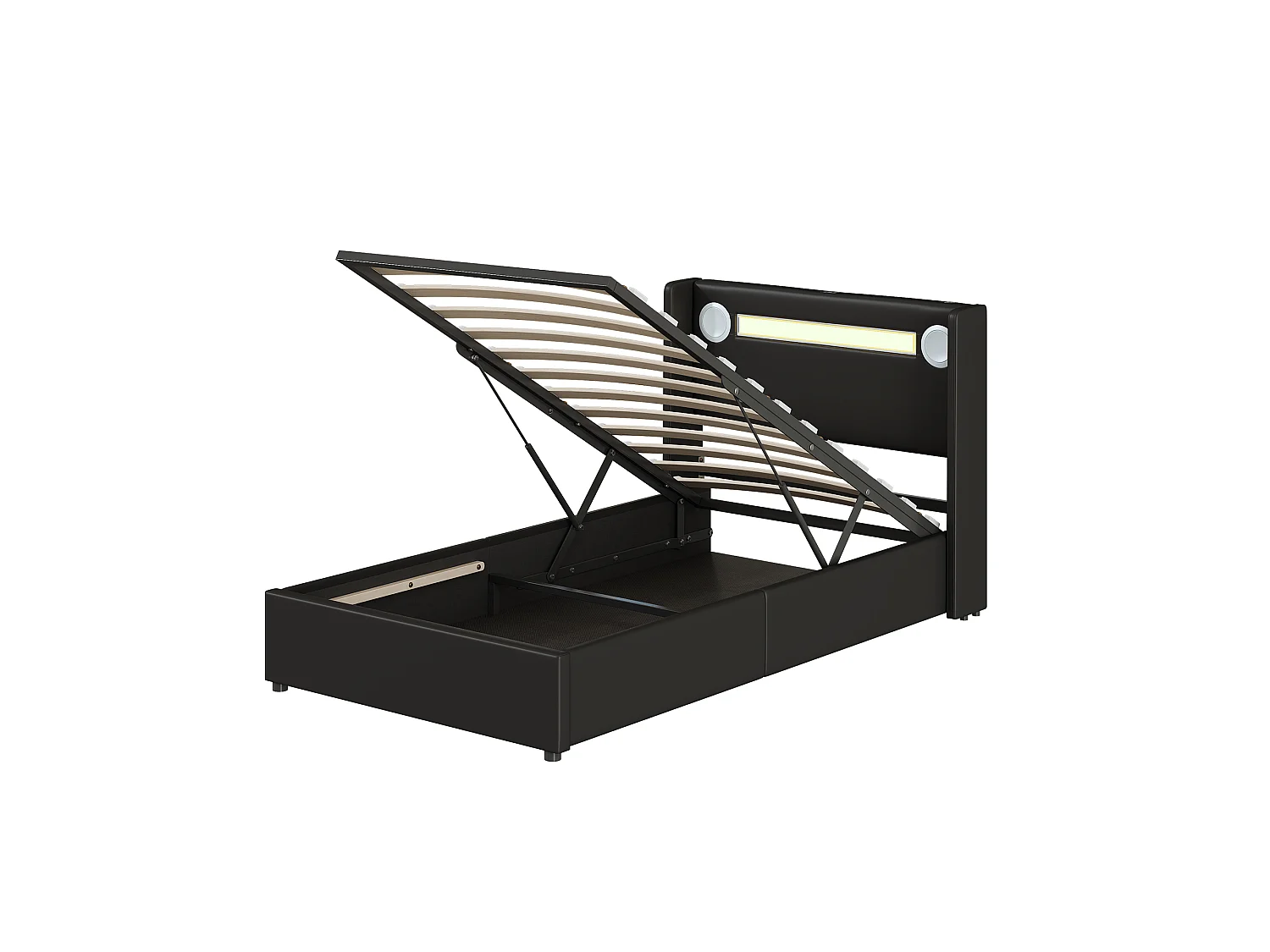 Lit Rembourré Enfant 90x200 cm avec LED Bluetooth USB, Cadre PU Cuir Rangement Hydraulique, Sommier à Lattes Bois, Noir