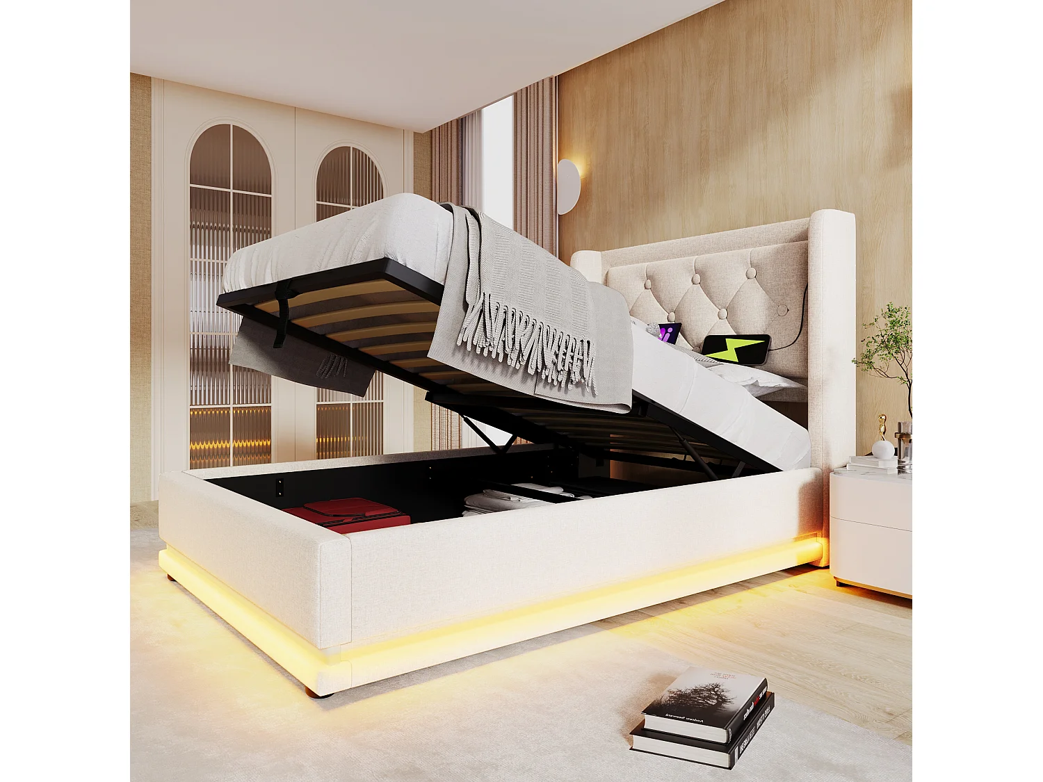 Lit simple 90x200 cm en coton avec rangement hydraulique, USB C et LED 3 côtés, tête de lit rembourrée, beige