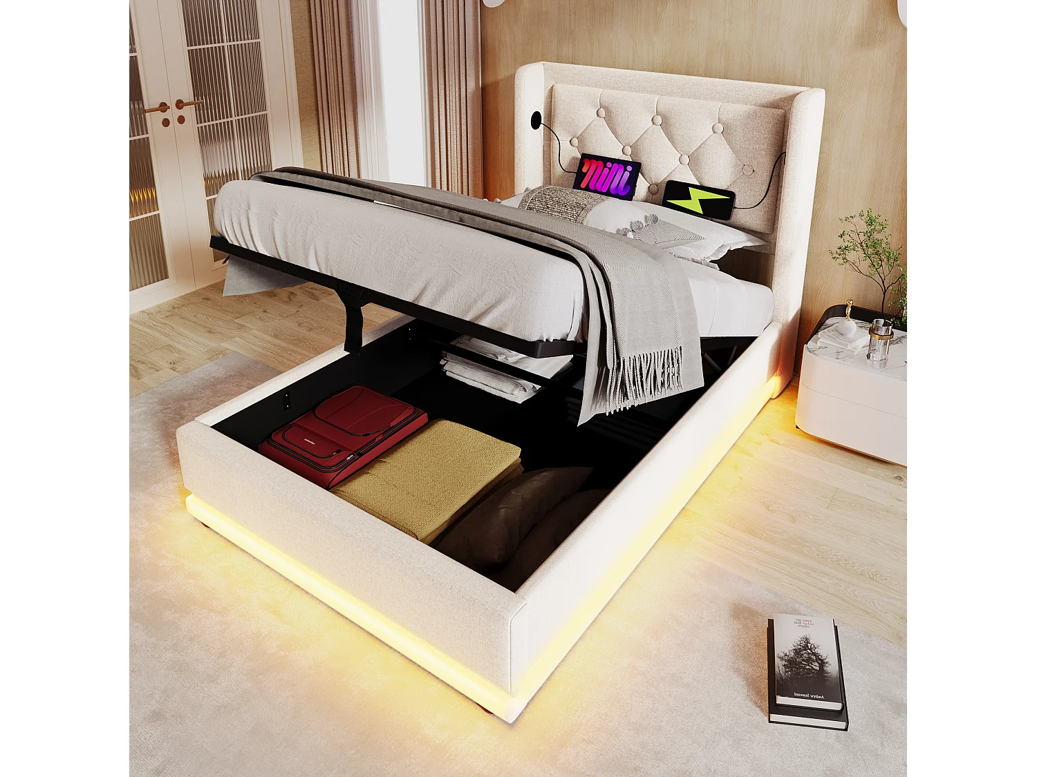 Lit simple 90x200 cm en coton avec rangement hydraulique, USB C et LED 3 côtés, tête de lit rembourrée, beige