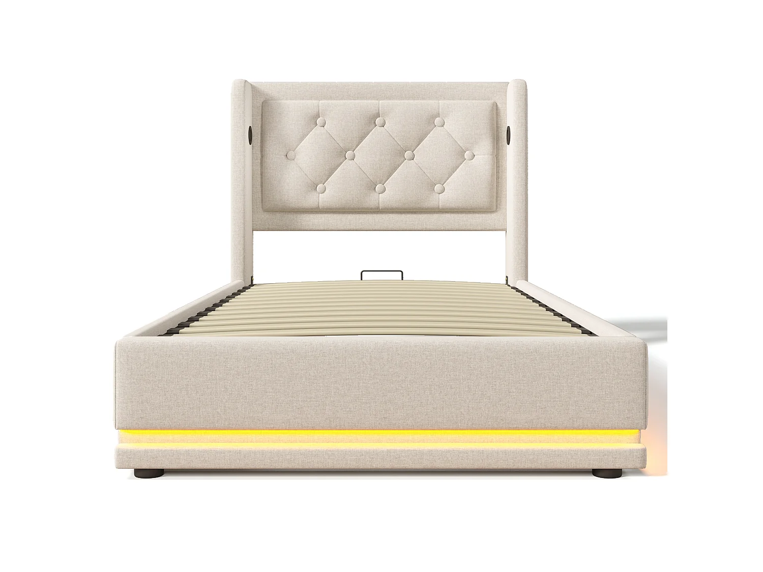 Lit simple 90x200 cm en coton avec rangement hydraulique, USB C et LED 3 côtés, tête de lit rembourrée, beige