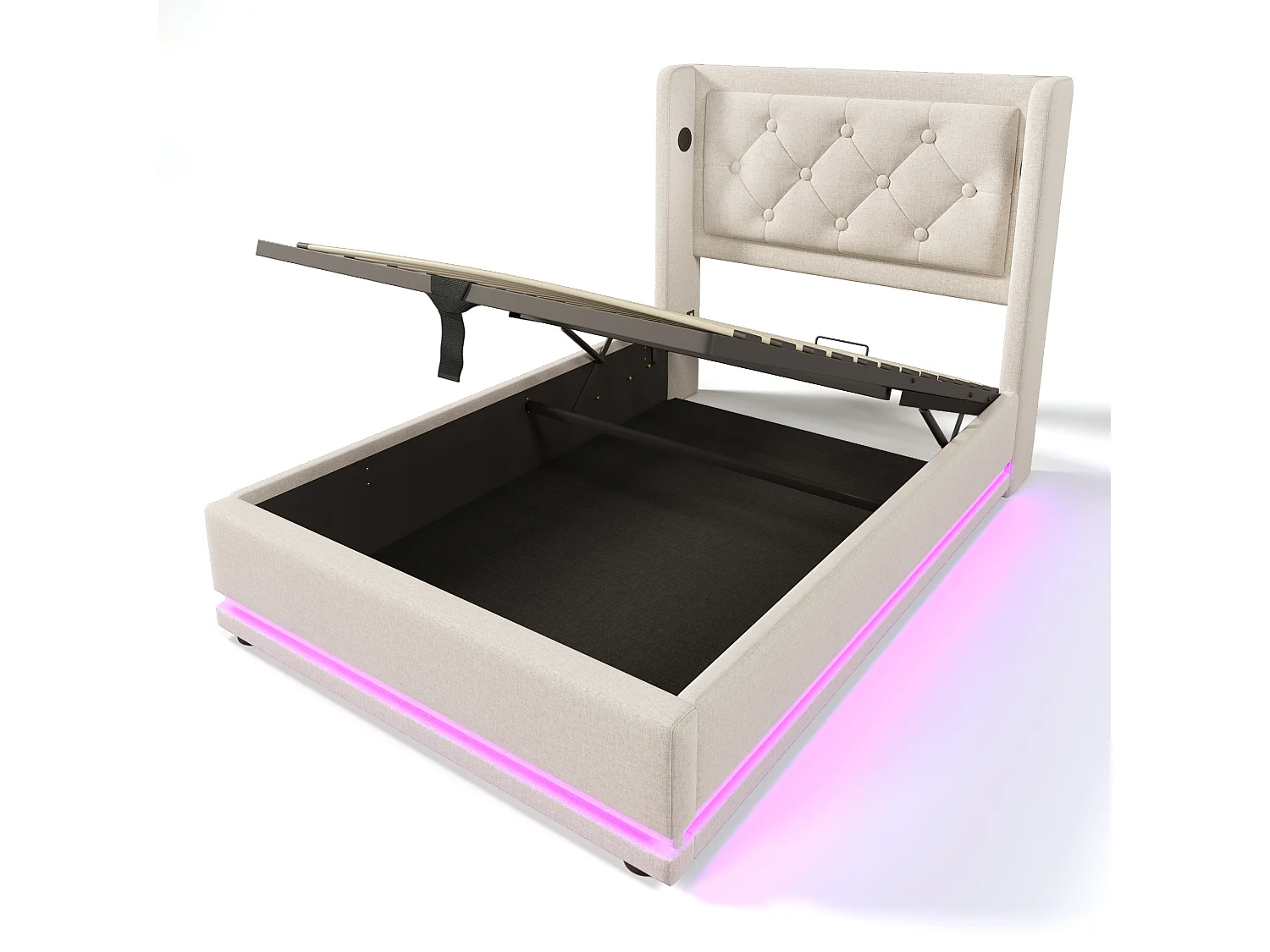 Lit simple 90x200 cm en coton avec rangement hydraulique, USB C et LED 3 côtés, tête de lit rembourrée, beige