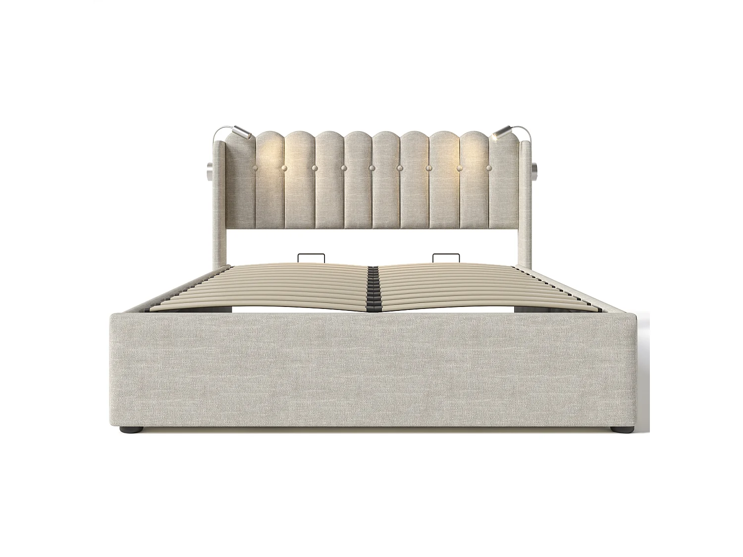 Lit 160x200 cm, lit tapissé avec rangement hydraulique, lampe de lecture et USB, somier inclus, sans matelas, lin beige naturel