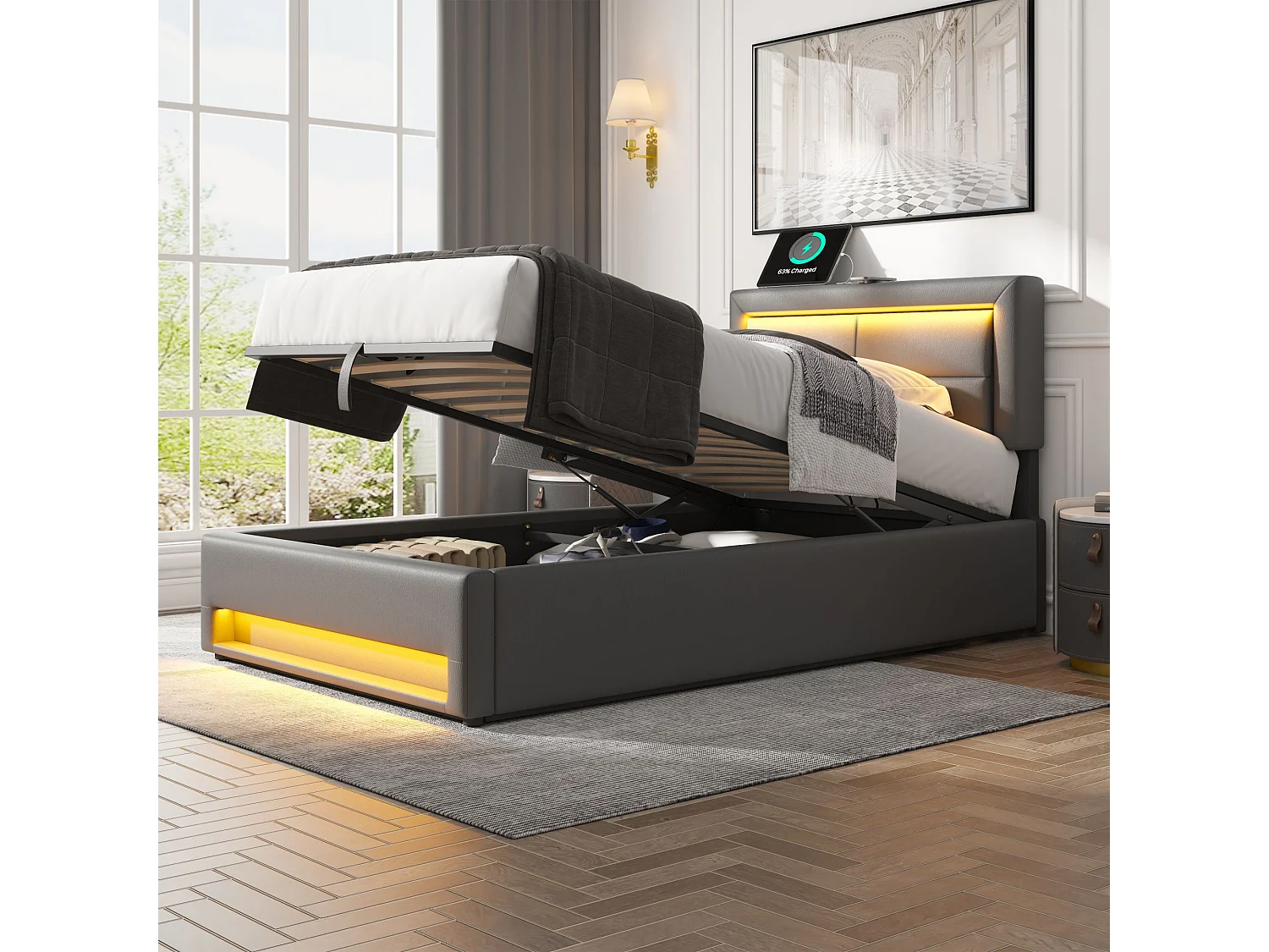 Lit 90x200 cm, Charge Sans Fil et Fil USB, LED 12 Couleurs Télécommandée, Rangement Sous le Lit, PU Gris, Sans Matelas