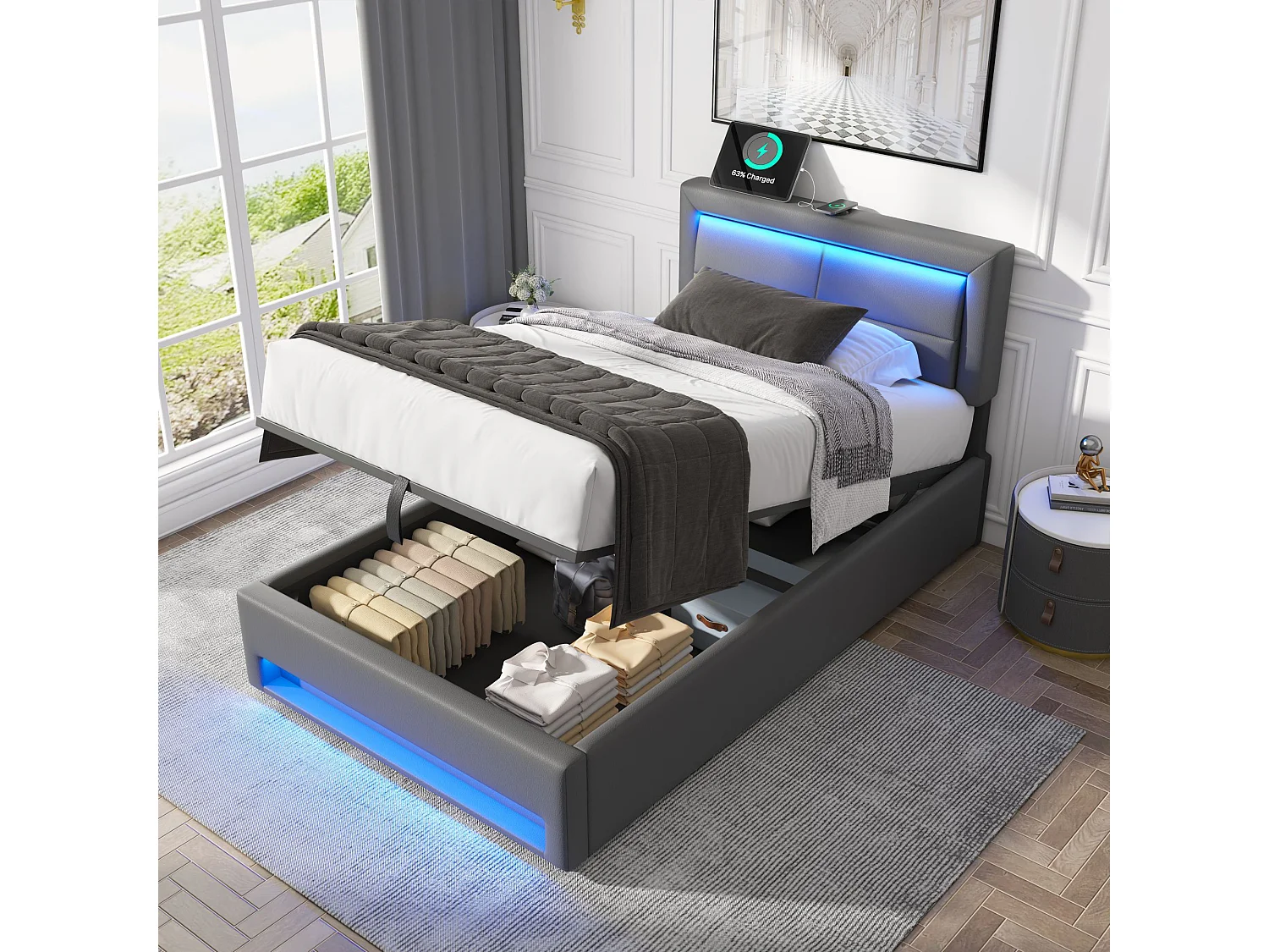 Lit 90x200 cm, Charge Sans Fil et Fil USB, LED 12 Couleurs Télécommandée, Rangement Sous le Lit, PU Gris, Sans Matelas