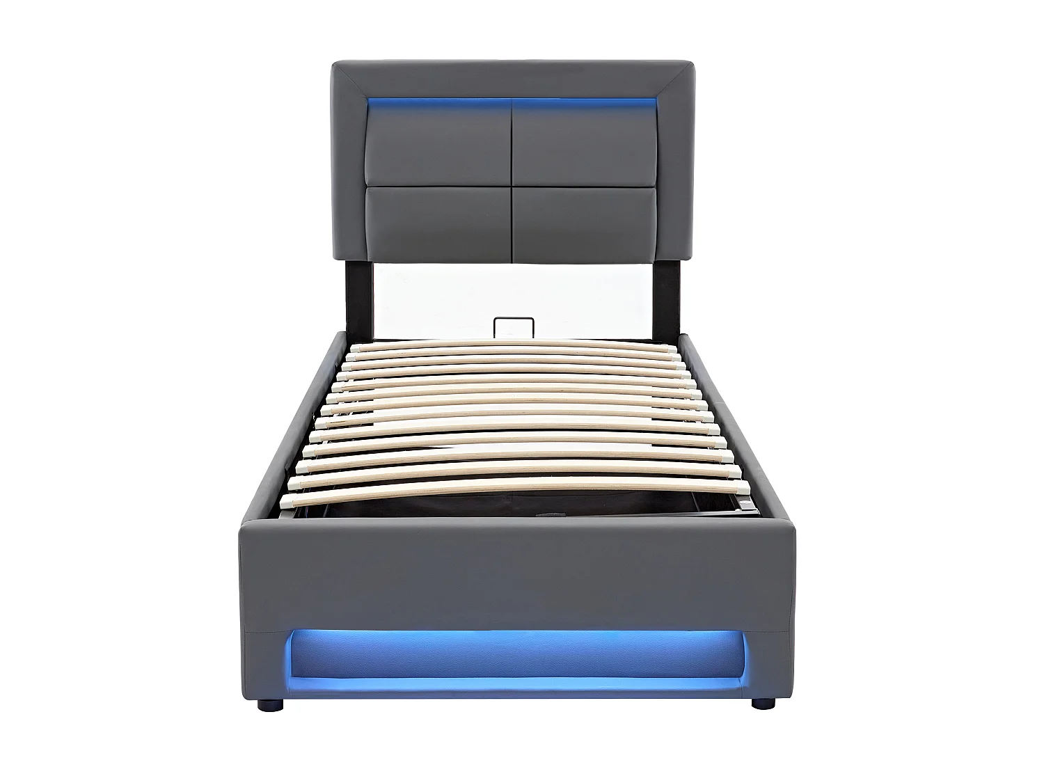 Lit 90x200 cm, Charge Sans Fil et Fil USB, LED 12 Couleurs Télécommandée, Rangement Sous le Lit, PU Gris, Sans Matelas