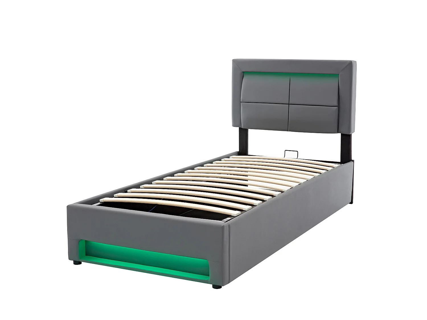 Lit 90x200 cm, Charge Sans Fil et Fil USB, LED 12 Couleurs Télécommandée, Rangement Sous le Lit, PU Gris, Sans Matelas