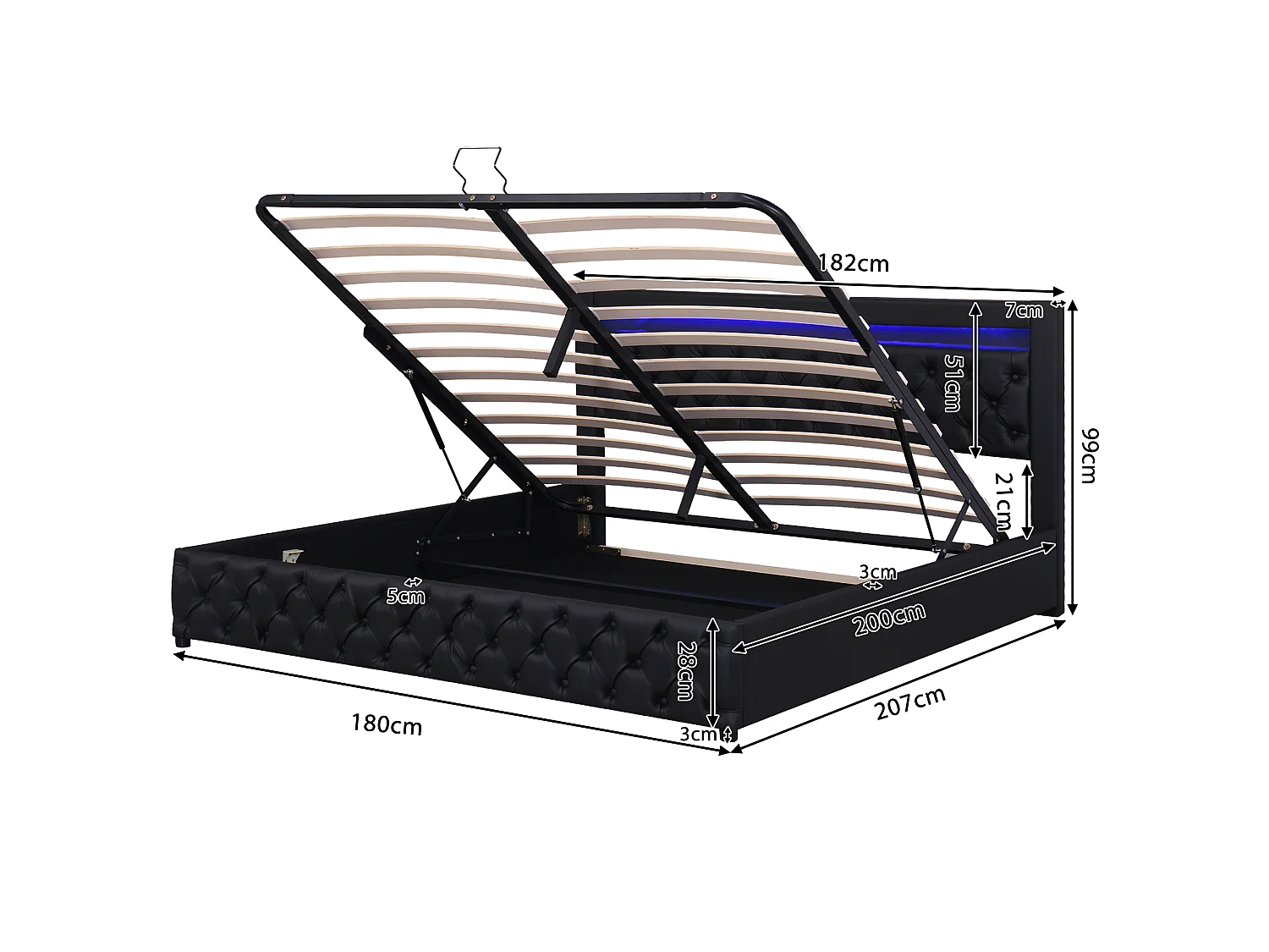 Lit 180x200 cm, lit tapissé avec rangement et LED télécommandable, tissu PU, somier inclus, sans matelas, noir